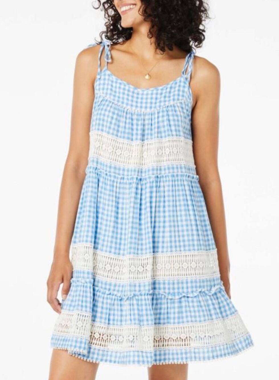 Roller Rabbit Tokano Blue Gingham Tiered Swing Dress White Lace Crochet Large